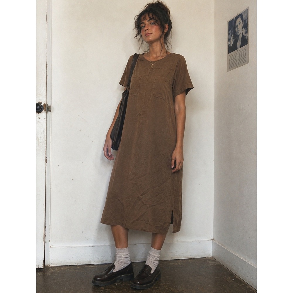 Vintage Orvis Women's Brown 100% Silk Short Sleeve Midi Shift Dress Pockets- L